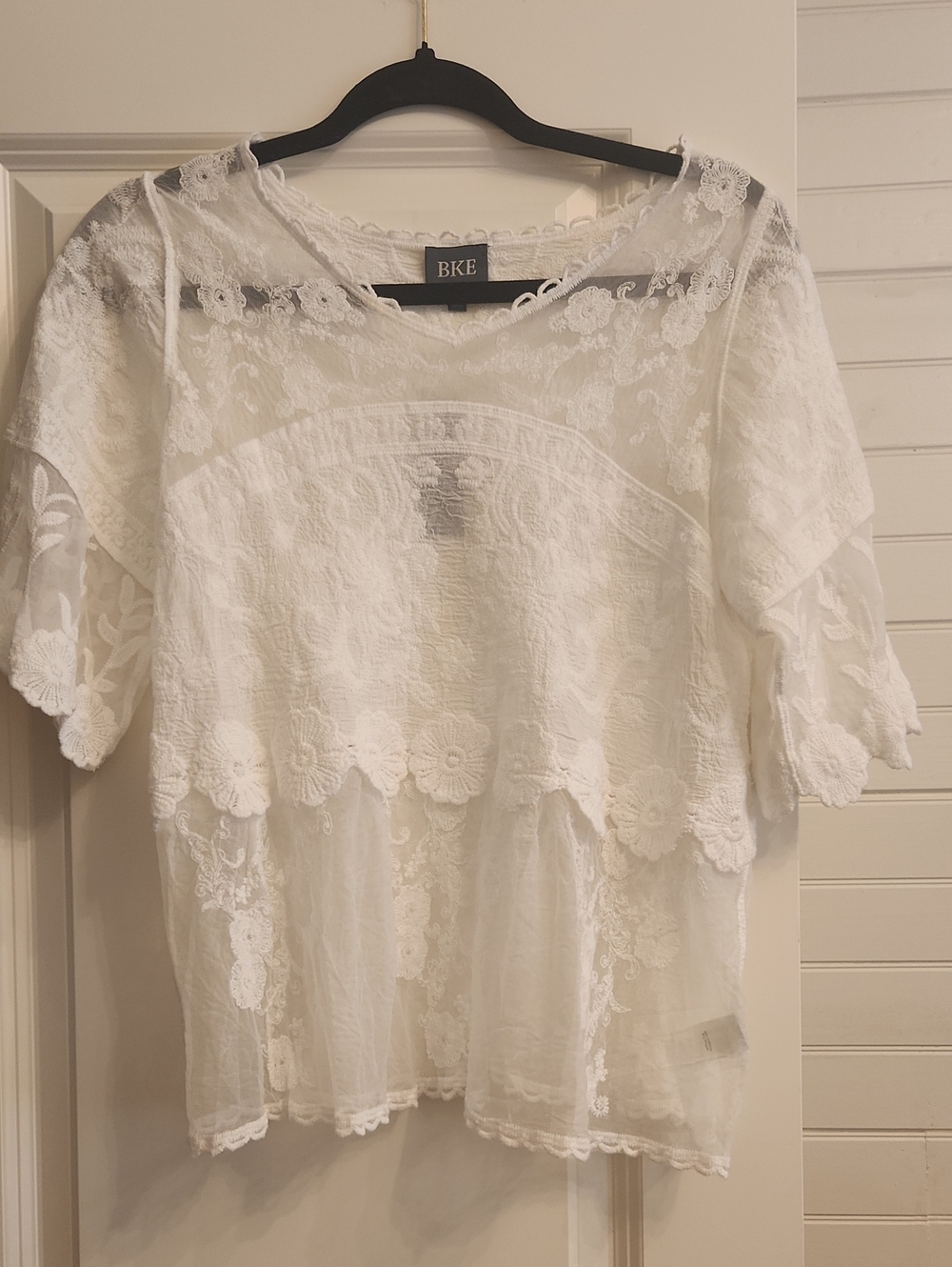 BKE White Lace Peplum Sheer Blouse
